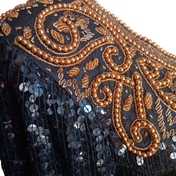Small Vintage Bolero Jacket Black Gold Beaded Sequin Embroidery Patra - Picture 7 of 15